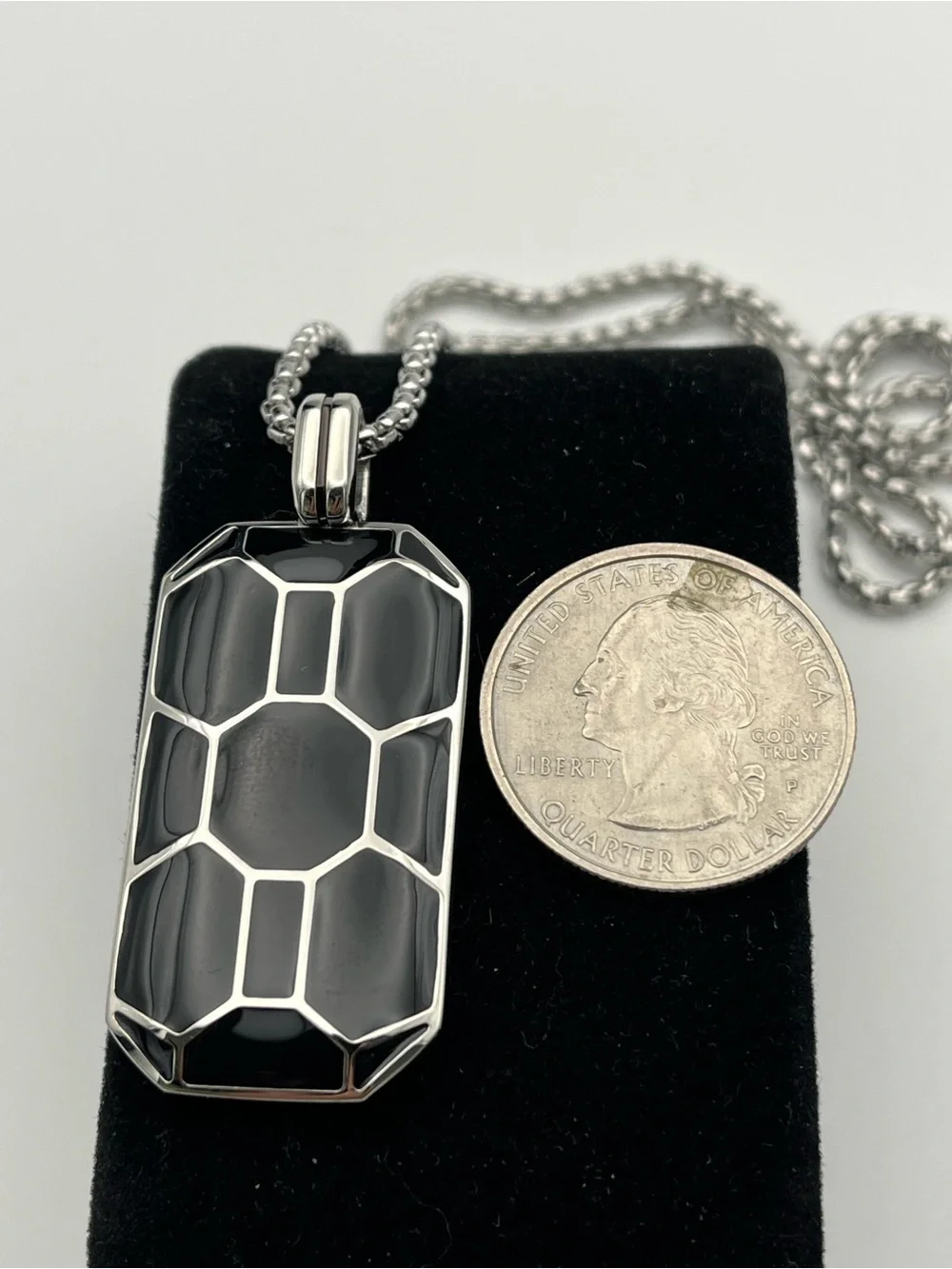 24”. Stainless Steel Dog Tag with Black Geometric Inlay
